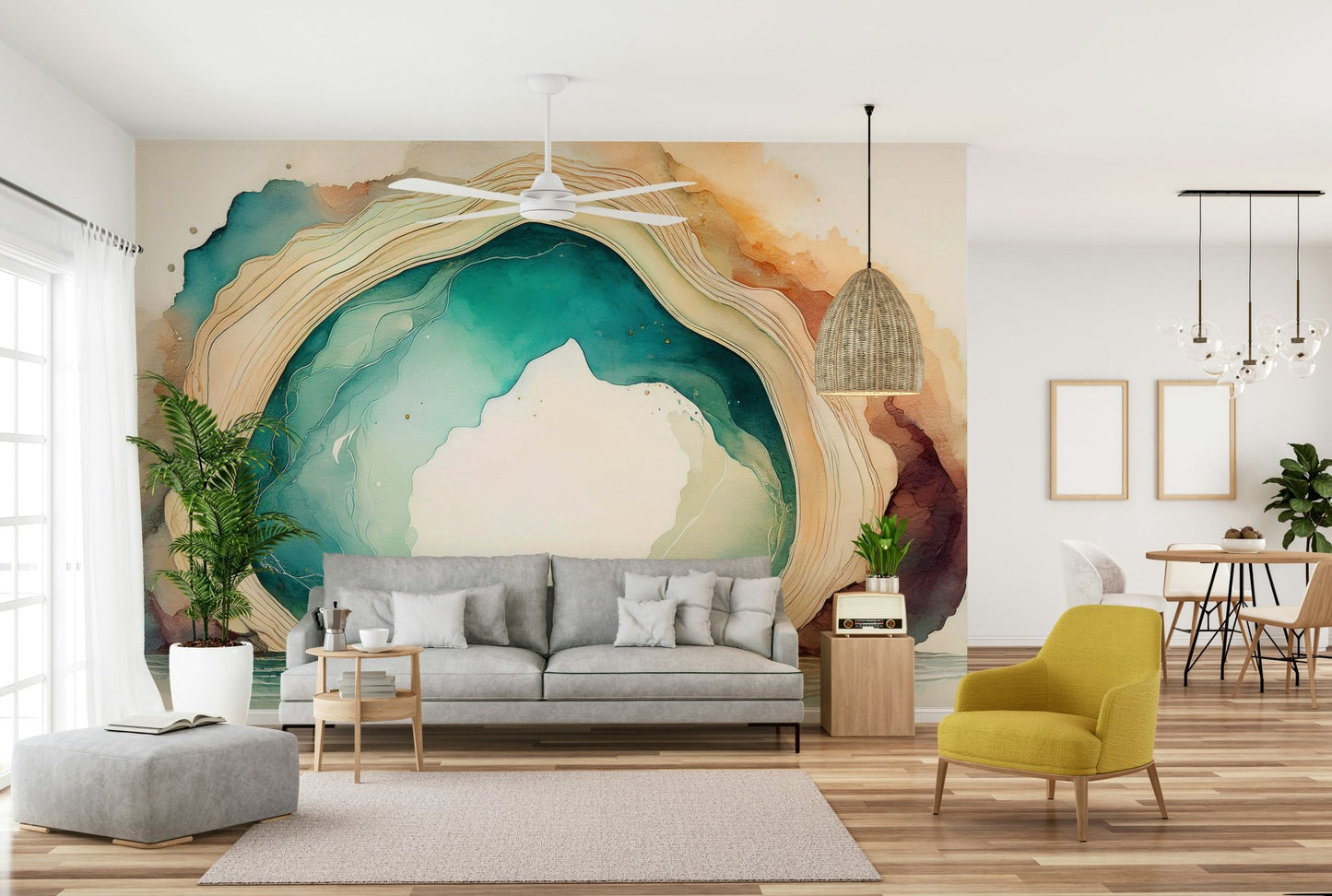 Dreamy teal cave wall mural for living rooms.

