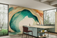 Teal abstract cave mural for minimalist interiors.

