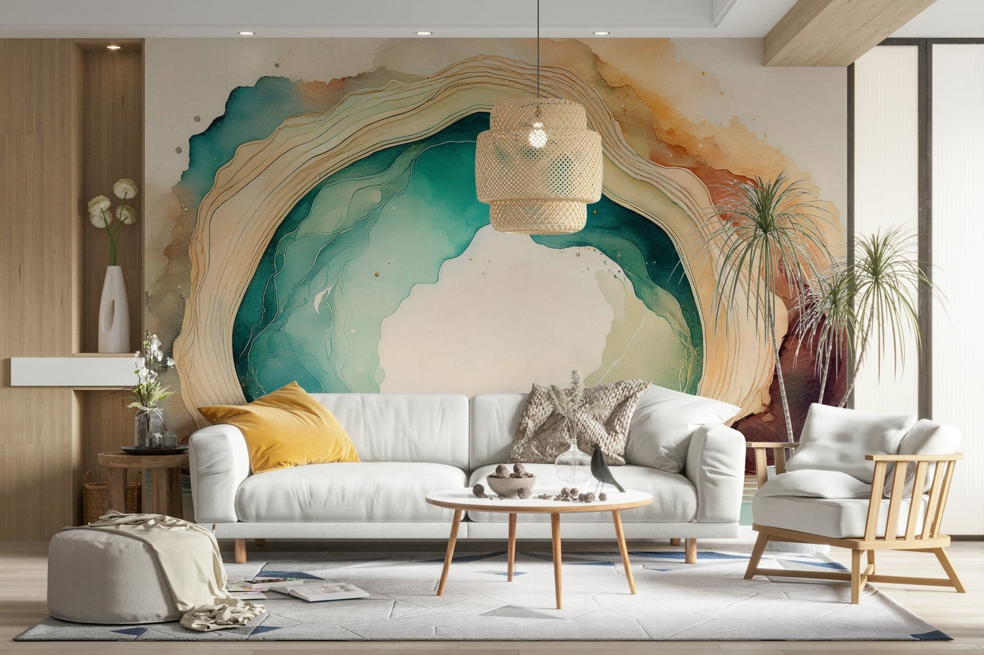 Tranquil teal cave mural to enhance room aesthetics.

