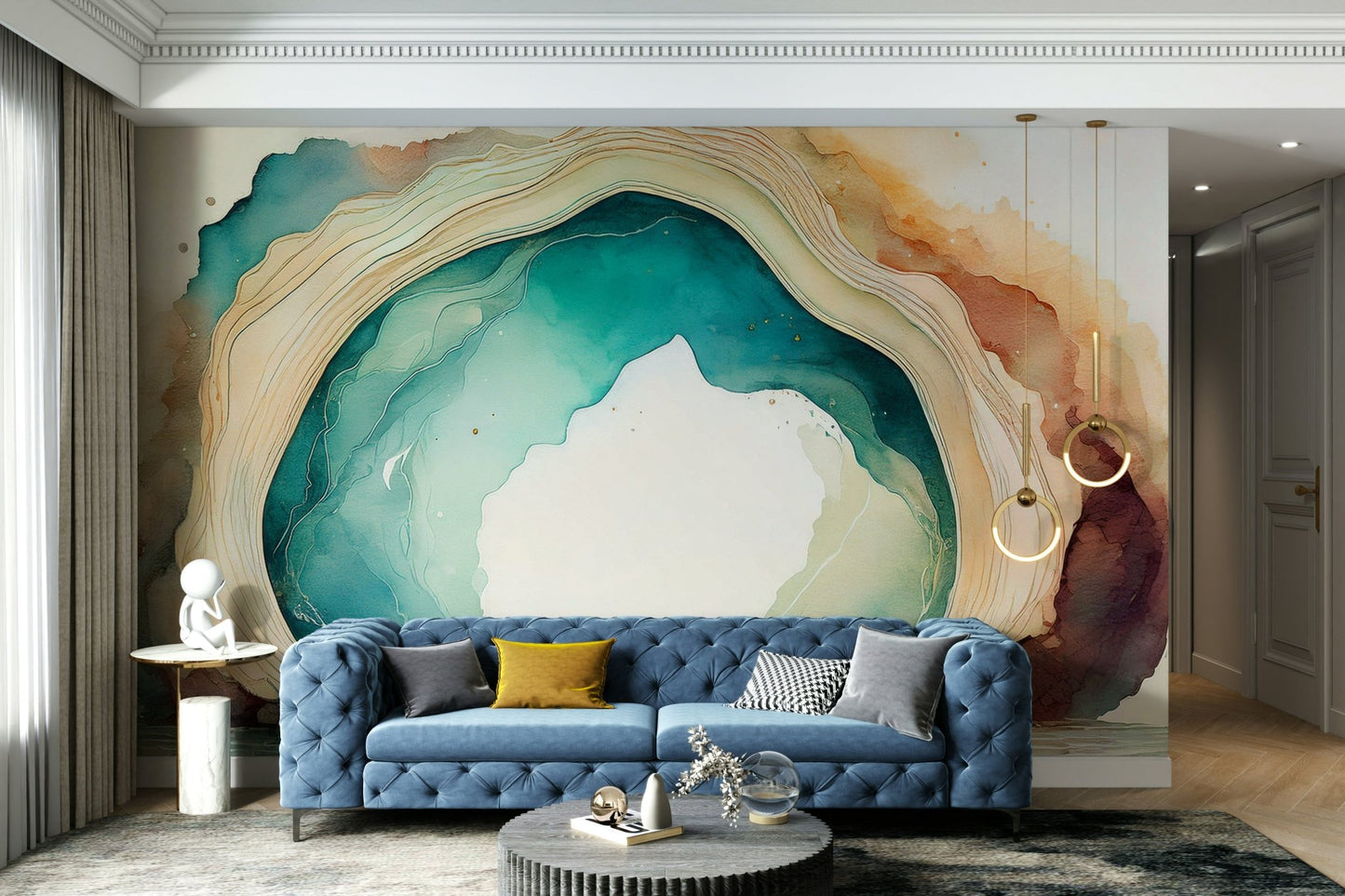 Teal cave-inspired mural for home decor.

