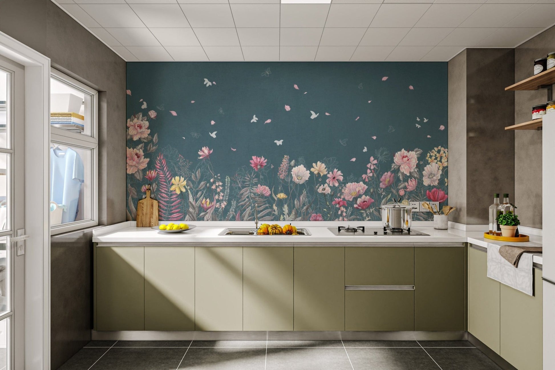 "Teal wallpaper featuring flowers and leaves"
