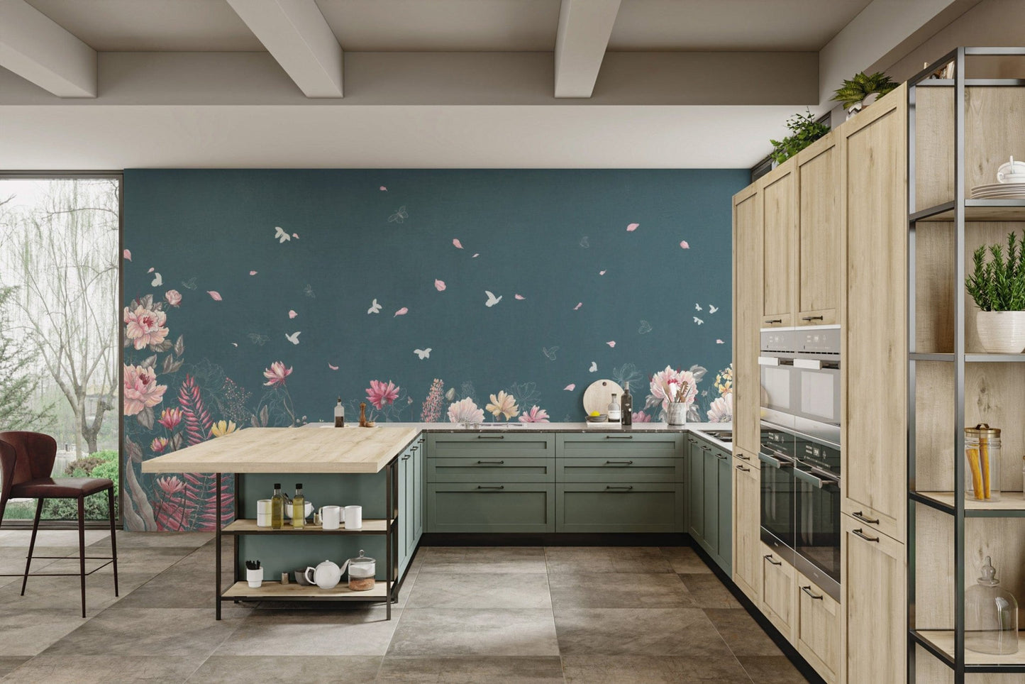 "Nature-inspired floral wallpaper in teal"
