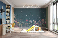 "Floral botanical wallpaper in teal tones"
