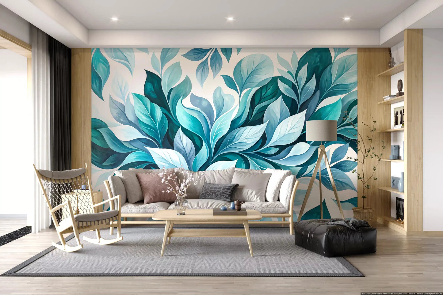 Family room cools down with the Teal Foliage Flow wall muralGD9569
