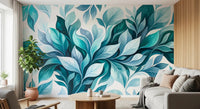 Each leaf bends and twists like moving plants on this teal foliage wall mural GD9569
