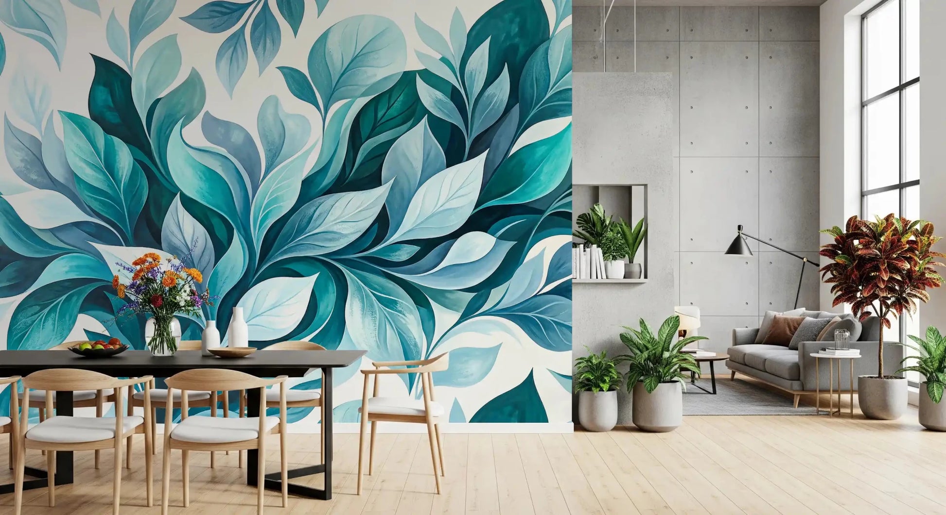 Brushwork shows through every leaf in this hand-painted teal wall muralGD9569