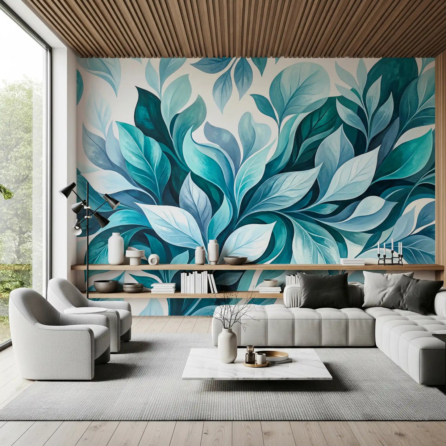 living room softens beside the cool teal leaves on this wall muralGD9569