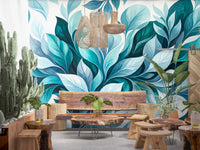 dining room feels lighter against the painted teal leaves on this wall muralGD9569