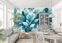 Painted teal leaves sweep across an ivory ground on this Teal Foliage wall muralGD9569