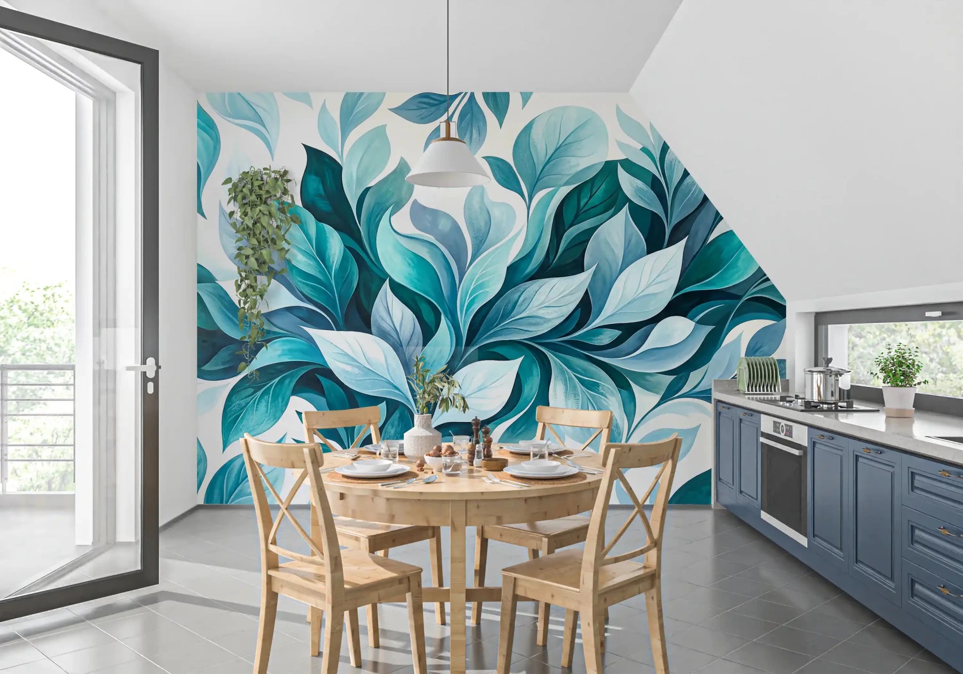 Dining room reads fresh next to the painted foliage flow wall muralGD9569