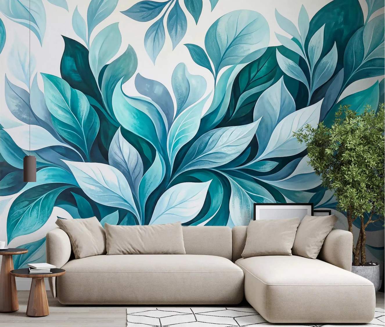 Living room shifts into something cooler beside this teal foliage wall mural
GD9569