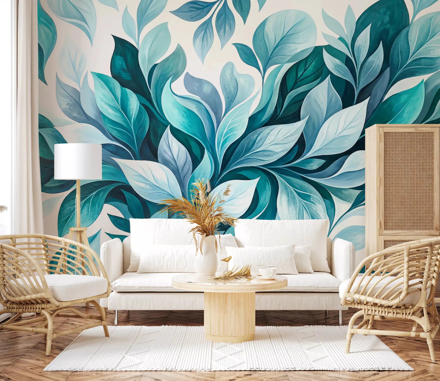 Open living area gains motion from the leafy teal wall muralGD9569