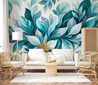 Open living area gains motion from the leafy teal wall muralGD9569