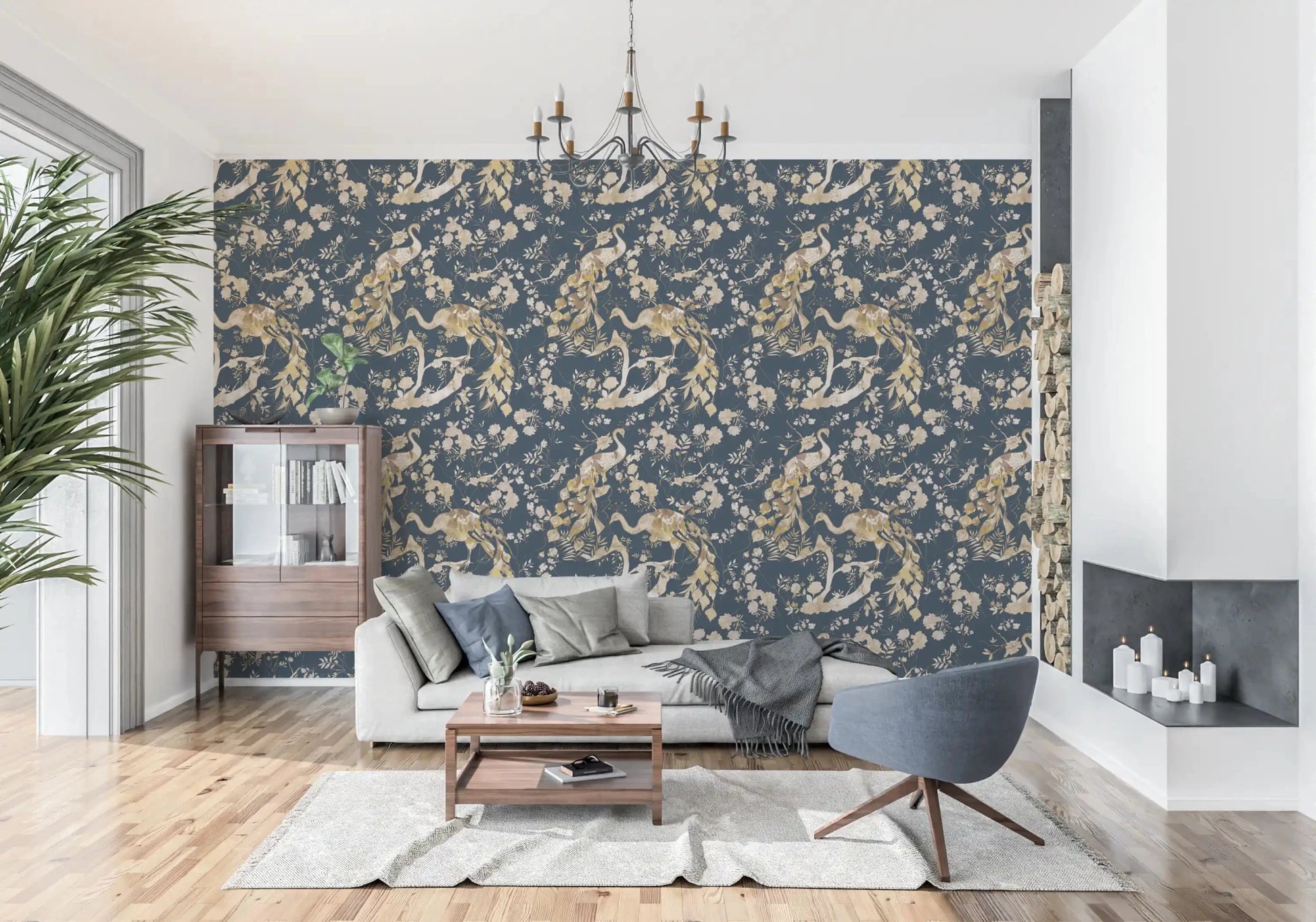 Bright hallway featuring Teal & Gold Peacock Wallpaper on deep teal