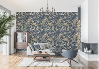 Bright hallway featuring Teal & Gold Peacock Wallpaper on deep teal