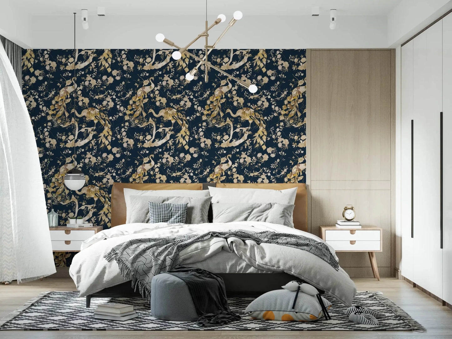 Serene bedroom styled in Teal & Gold Peacock Wallpaper with birds