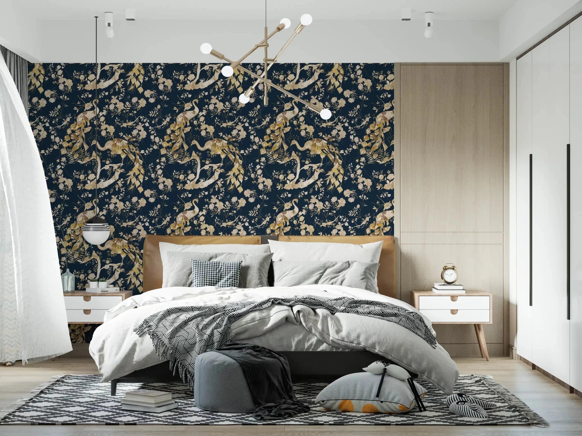 Serene bedroom styled in Teal & Gold Peacock Wallpaper with birds