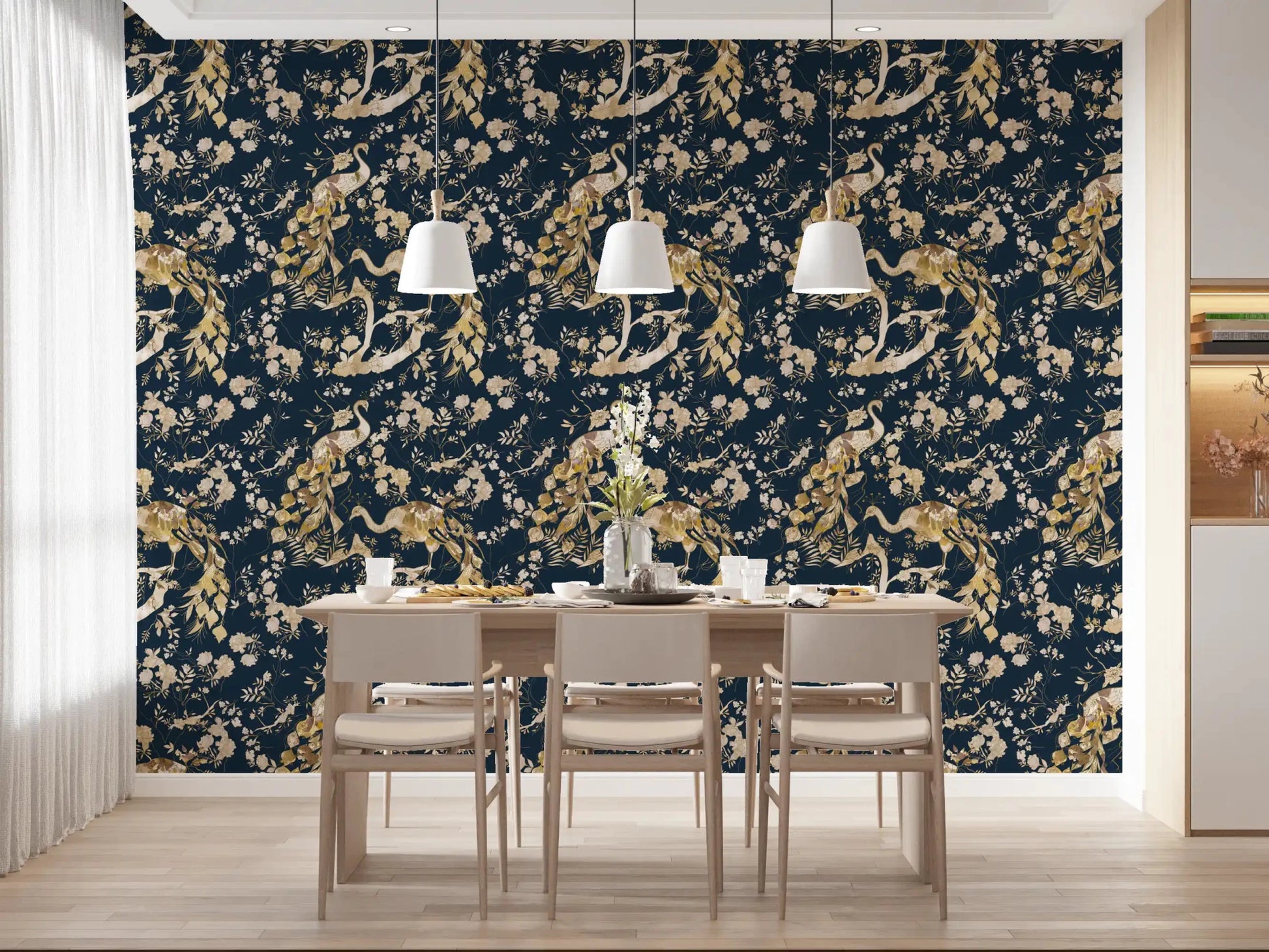Deep teal tones enrich Teal & Gold Peacock Wallpaper clearly