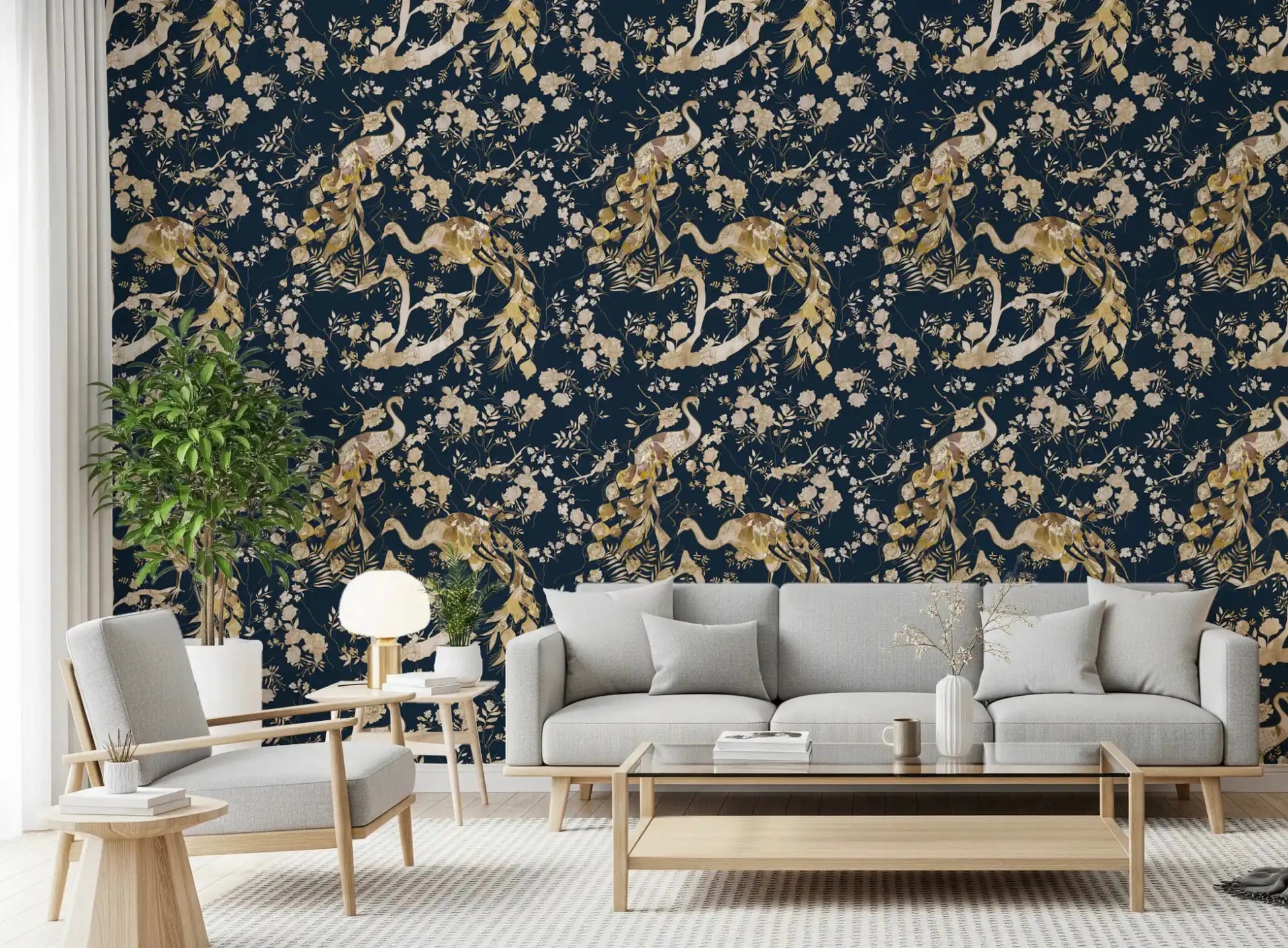 Elegant living room with Teal & Gold Peacock Wallpaper and soft blooms