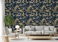 Elegant living room with Teal & Gold Peacock Wallpaper and soft blooms
