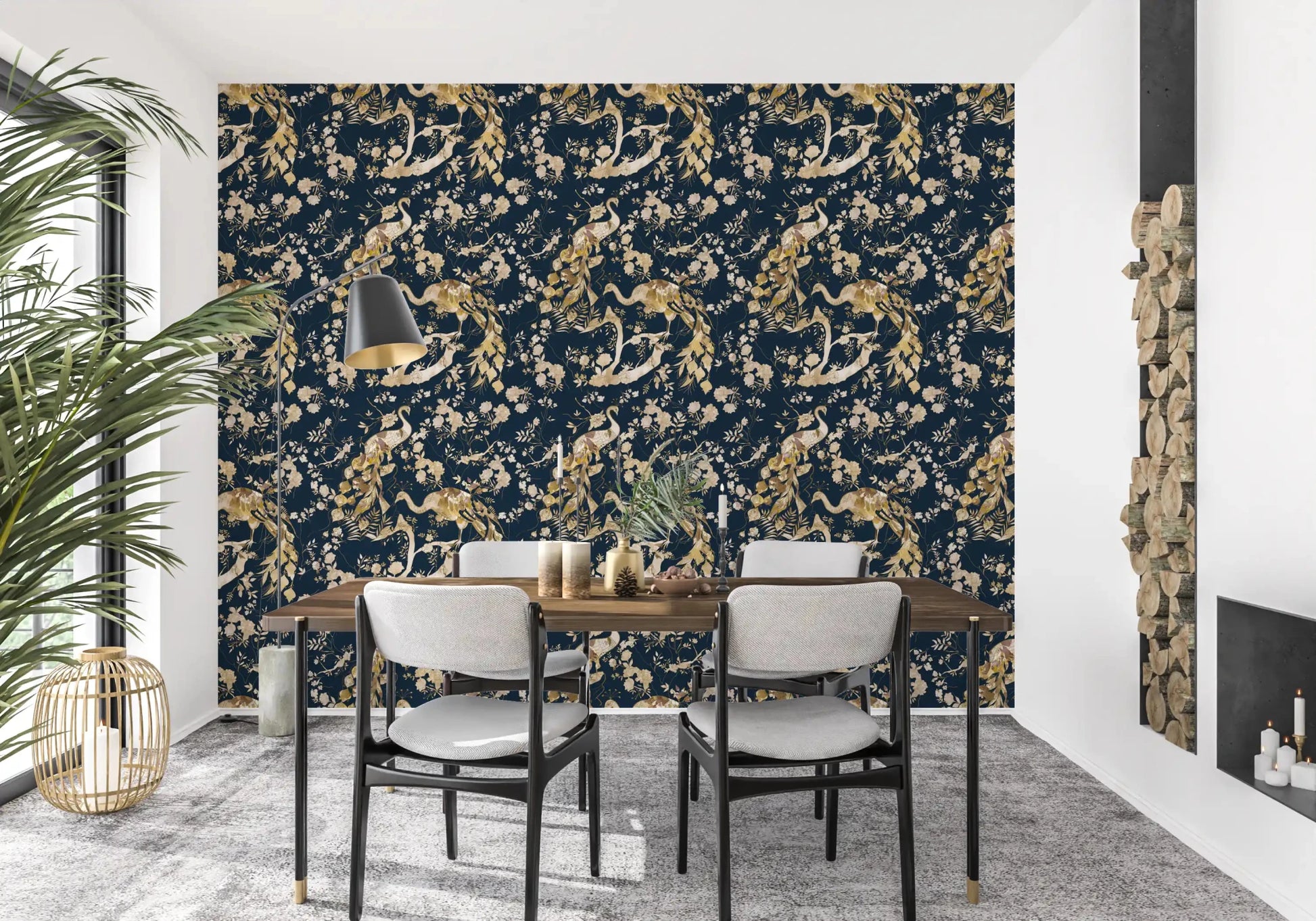 Graceful bird motifs define Teal & Gold Peacock Wallpaper beautifully