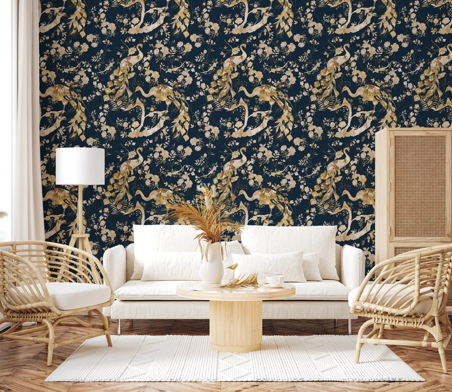 Vintage garden styling marks Teal & Gold Peacock Wallpaper softly