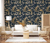 Vintage garden styling marks Teal & Gold Peacock Wallpaper softly