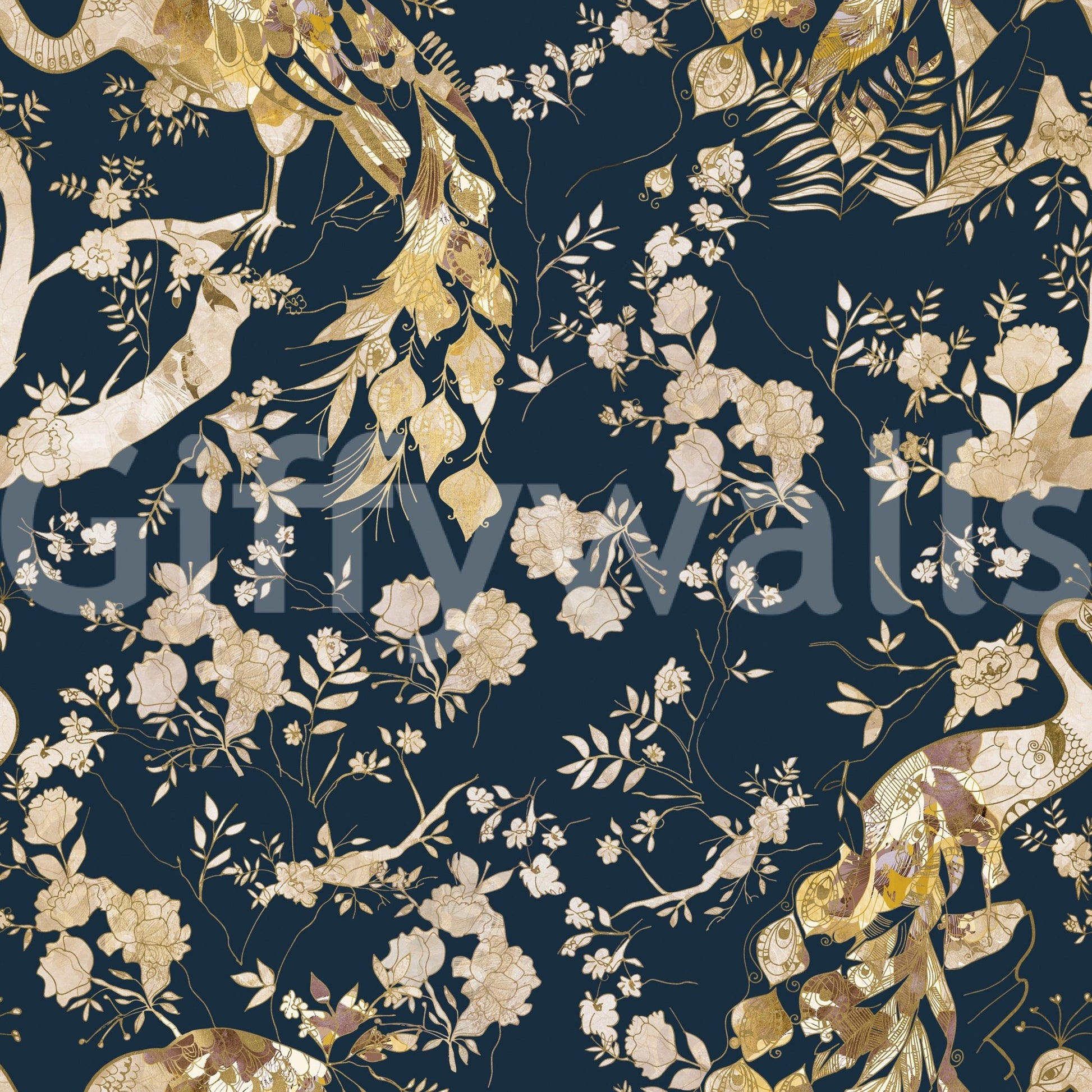 Decorative bird and bloom pattern fills Teal & Gold Peacock Wallpaper