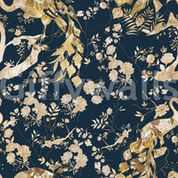 Decorative bird and bloom pattern fills Teal & Gold Peacock Wallpaper