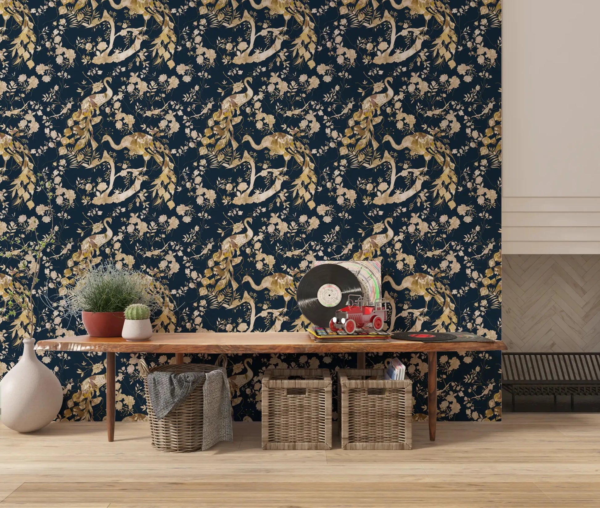 Soft blossoms shape Teal & Gold Peacock Wallpaper with warm contrast