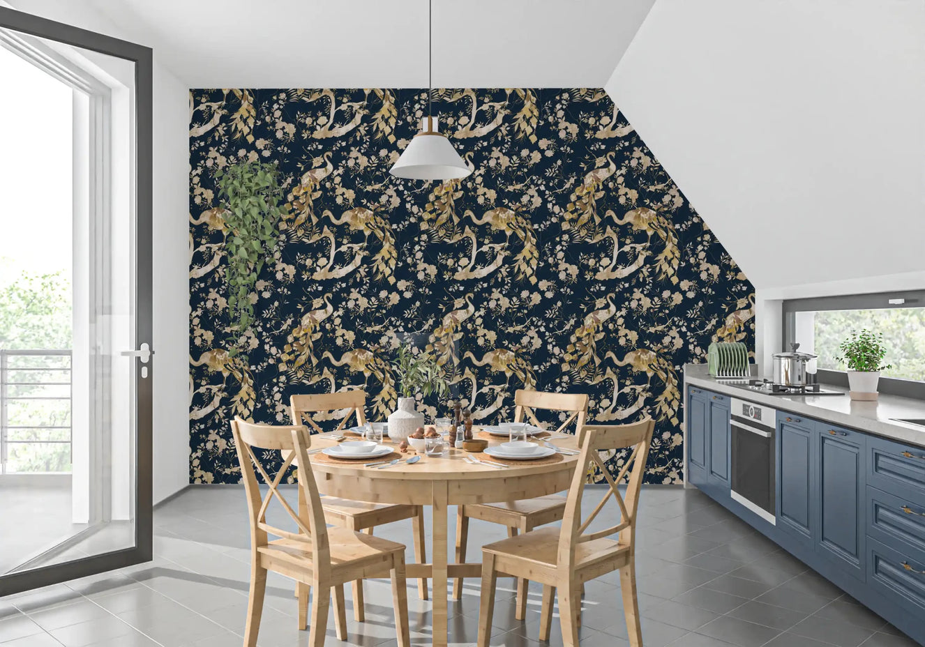 Modern kitchen wall with Teal & Gold Peacock Wallpaper and branches