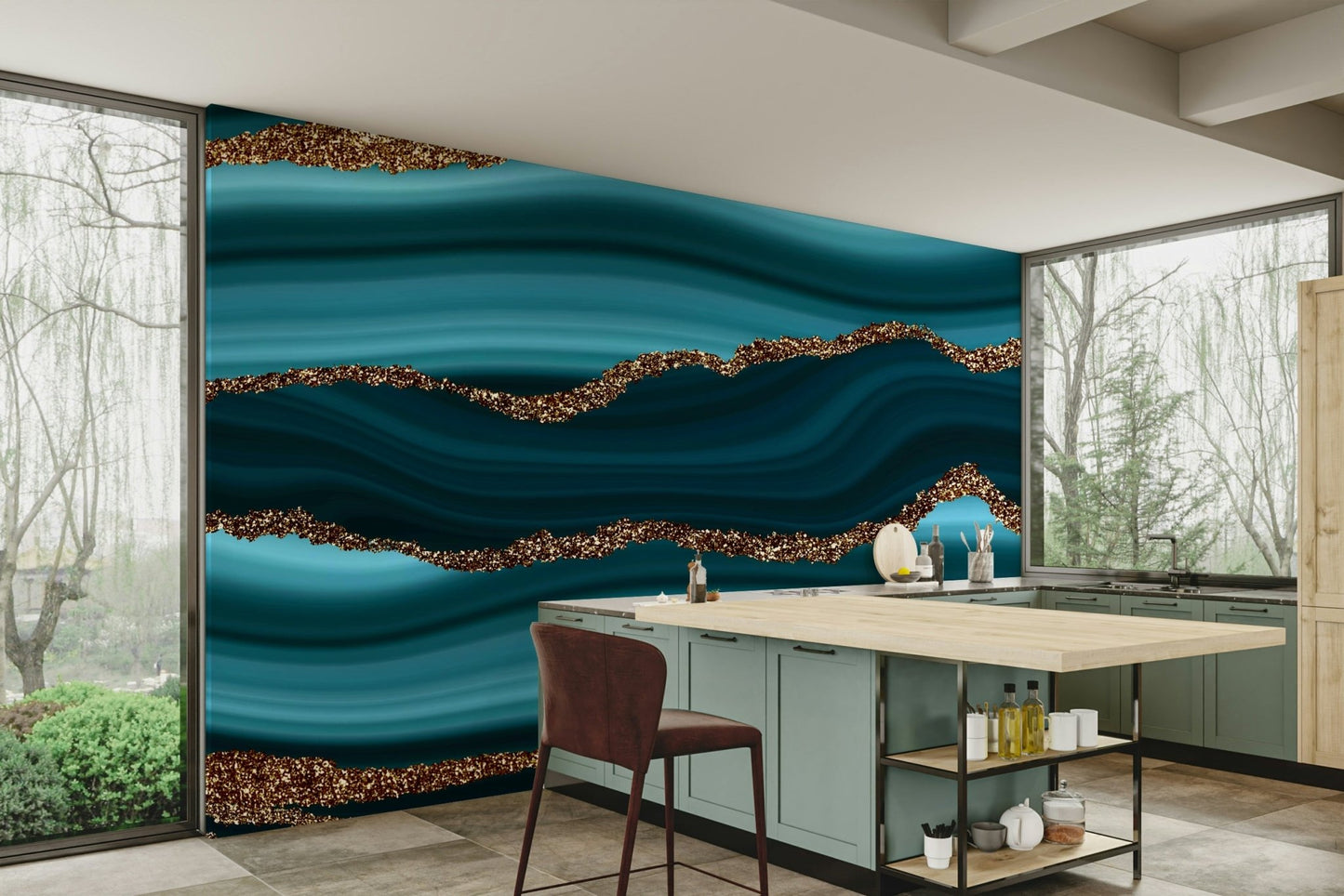 Teal & Gold River Wall Mural
