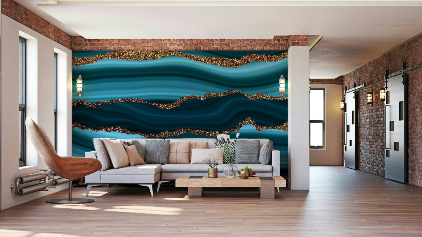 Teal & Gold River Wall Mural