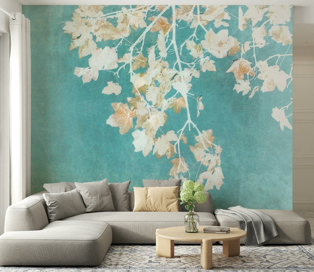 Autumnal branches Teal Leaf Whispers textured turquoise wallpaper mural art.