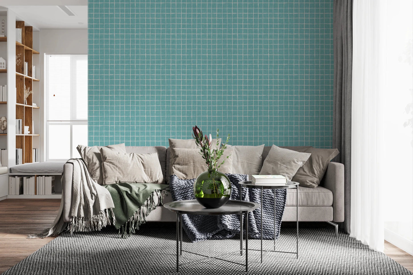 Bold teal grid wallpaper for contemporary spaces