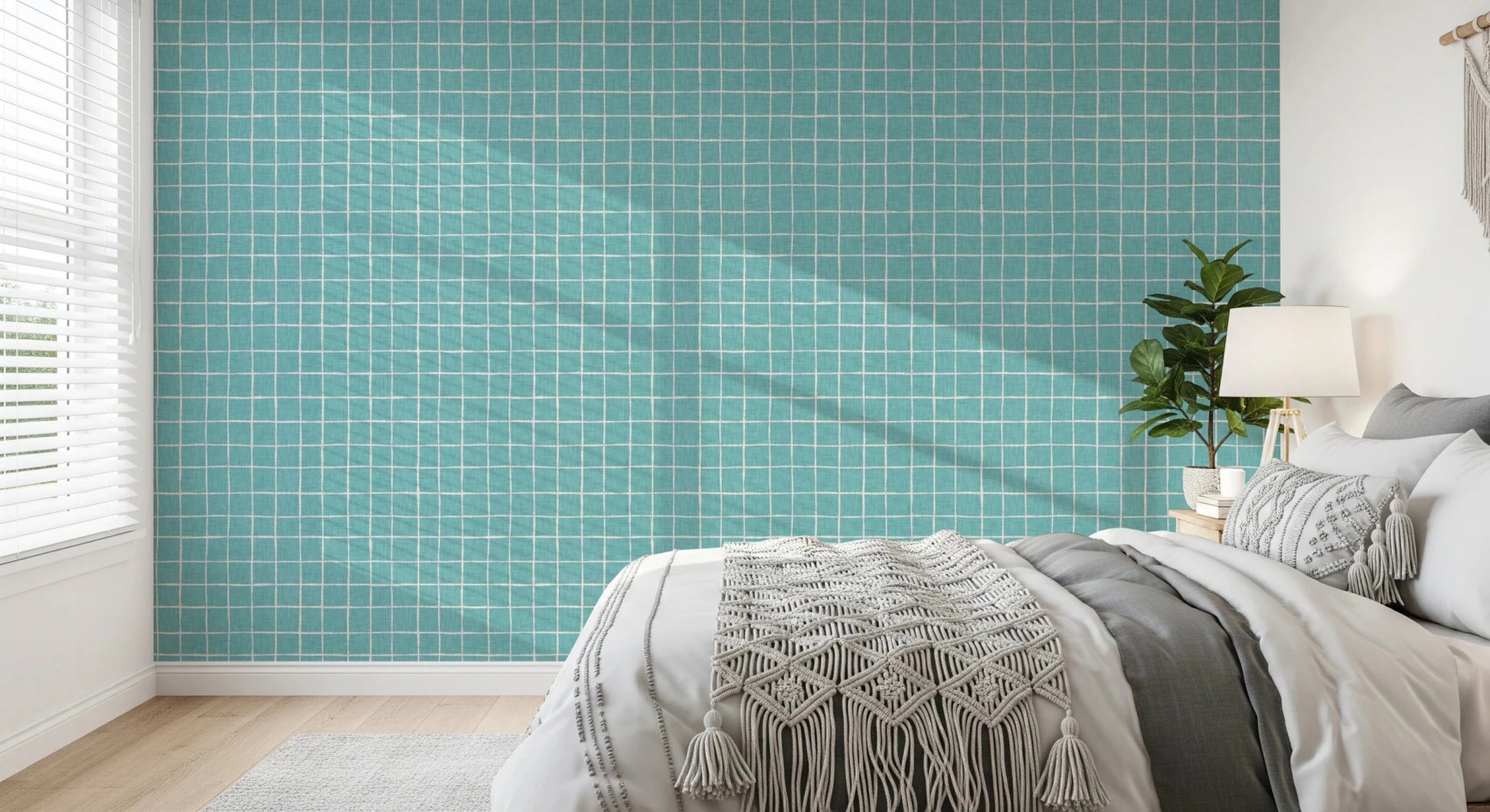 Teal check pattern wall decor with organic lines