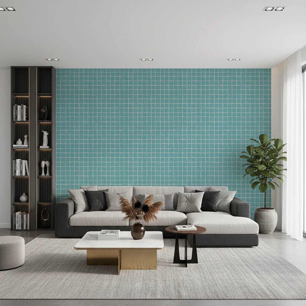 Dark aqua wall covering with white hand-drawn grid