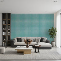 Dark aqua wall covering with white hand-drawn grid
