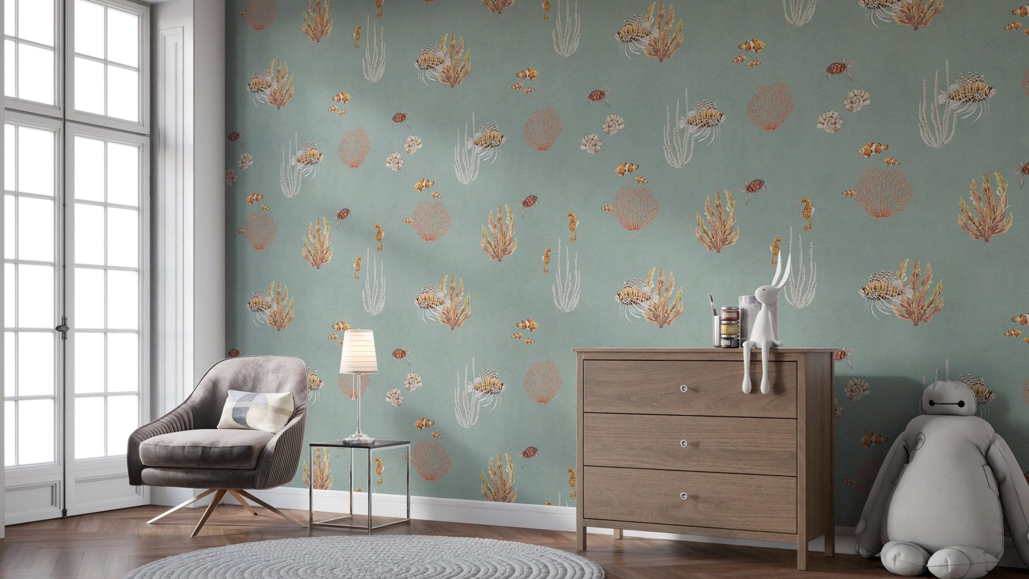 Ocean-inspired wallpaper mural in teal KB76
