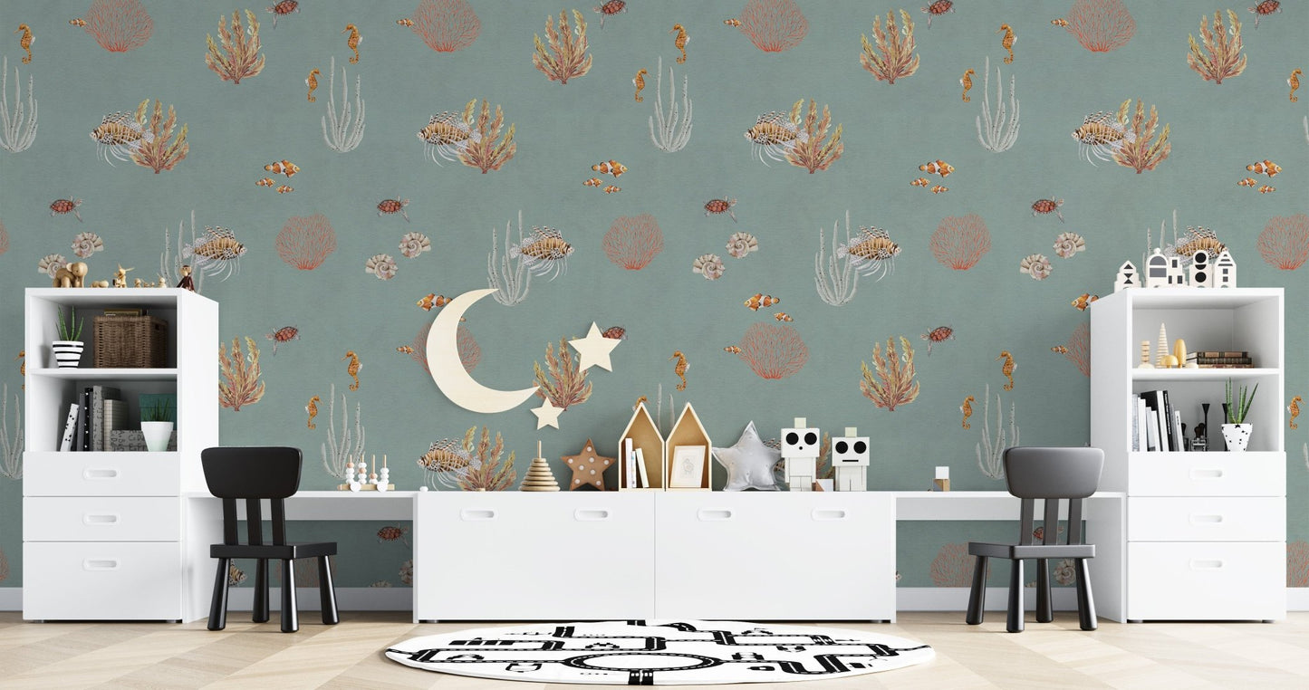 Tropical ocean mural with sea life
