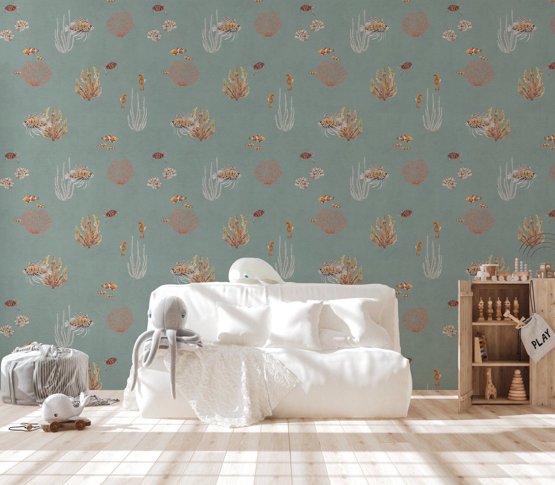 Coastal-themed wallpaper with corals
