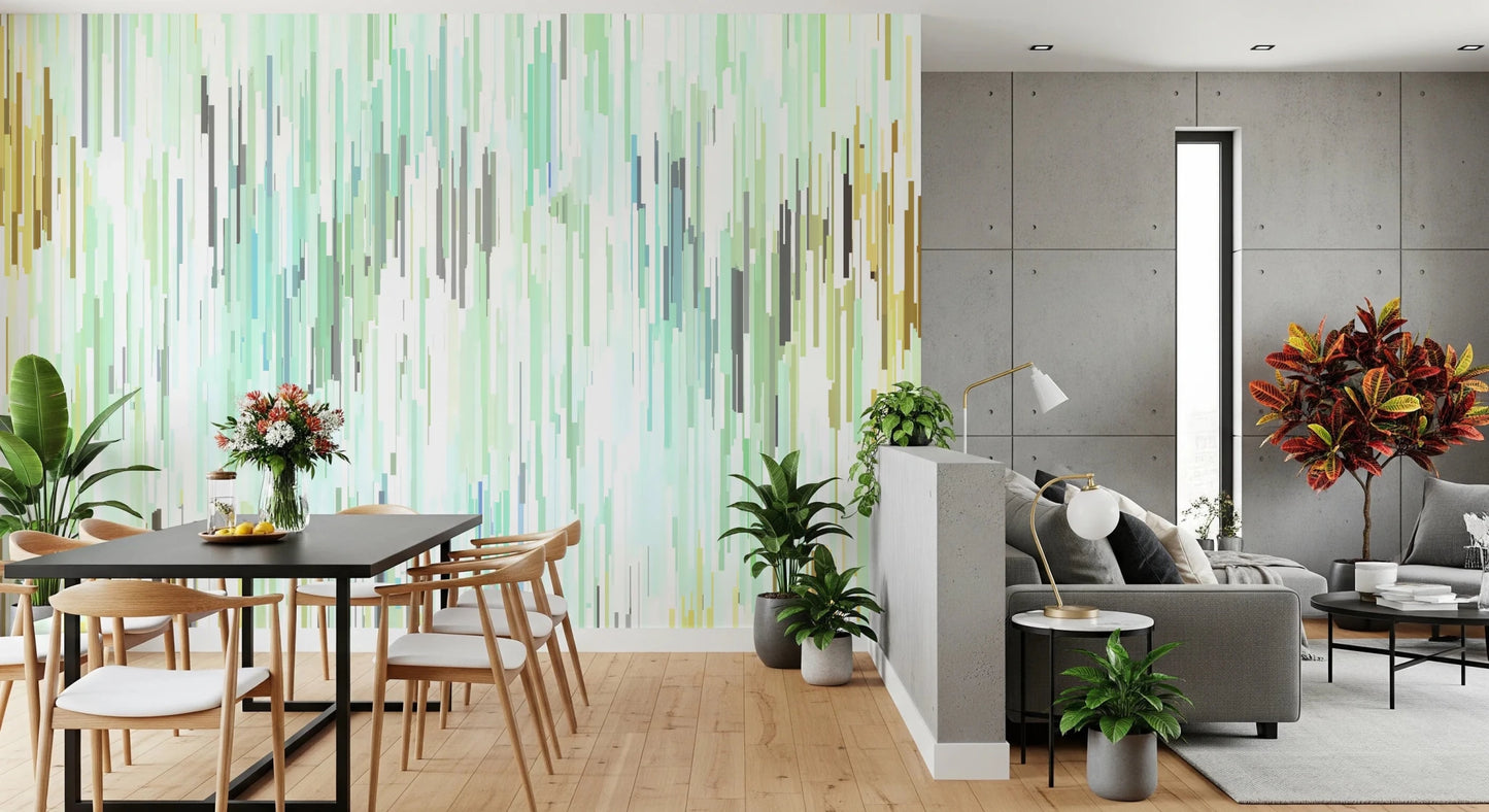 Spring Fall mural with airy teal brush-like forms and abstract rhythm