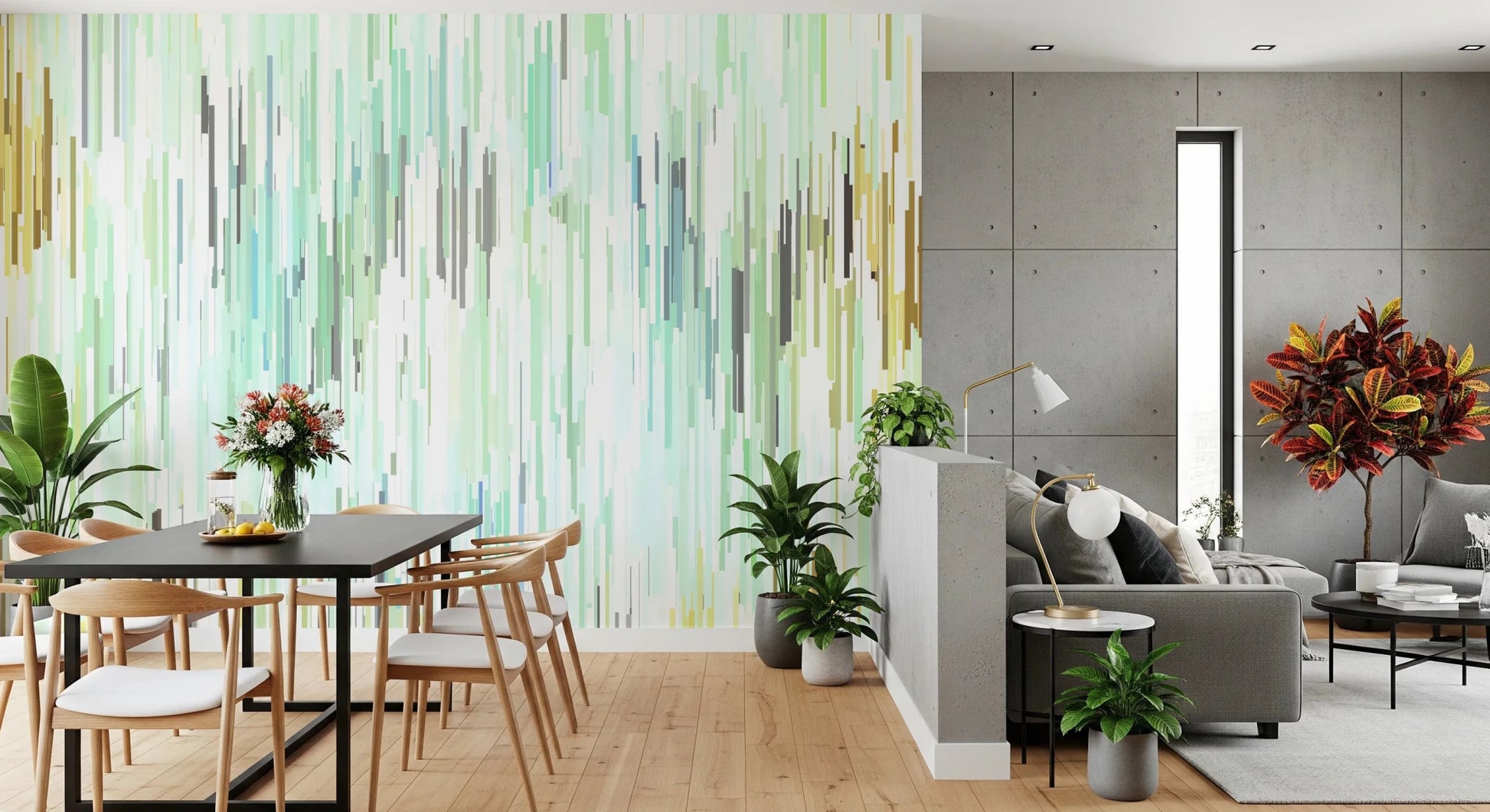 Spring Fall mural with airy teal brush-like forms and abstract rhythm