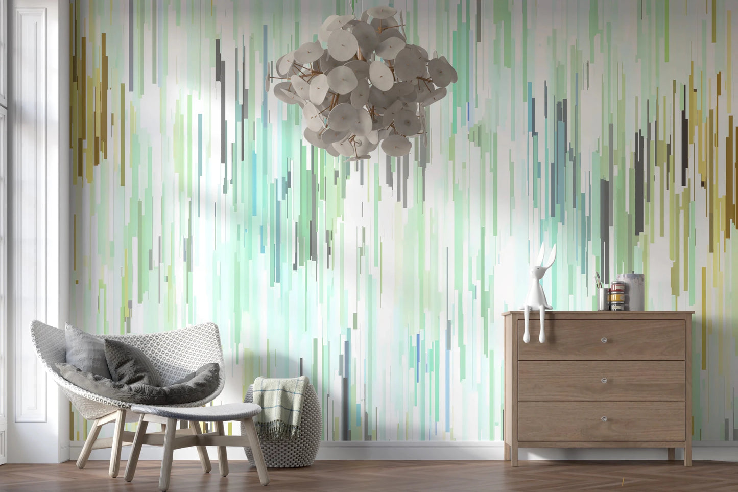 Modern abstract wall mural with mint white gray and teal linear pattern