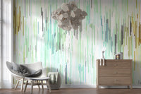 Modern abstract wall mural with mint white gray and teal linear pattern