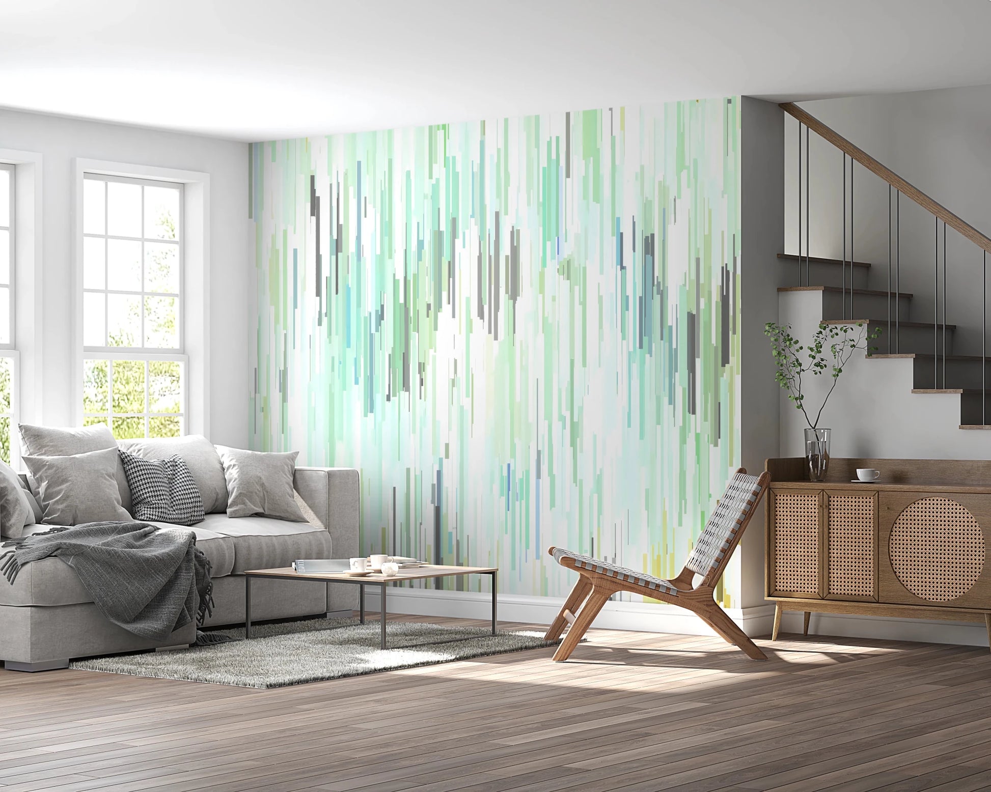 Office home wall finished in Spring Fall Wall Mural with mint teal pattern