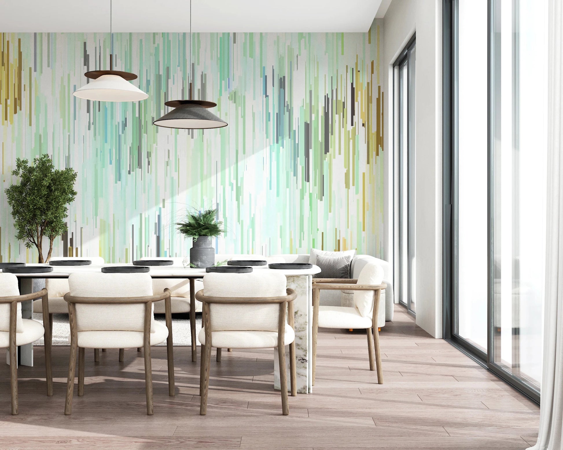 Teal Rain mural showing soft layered stripes in a fresh modern layout