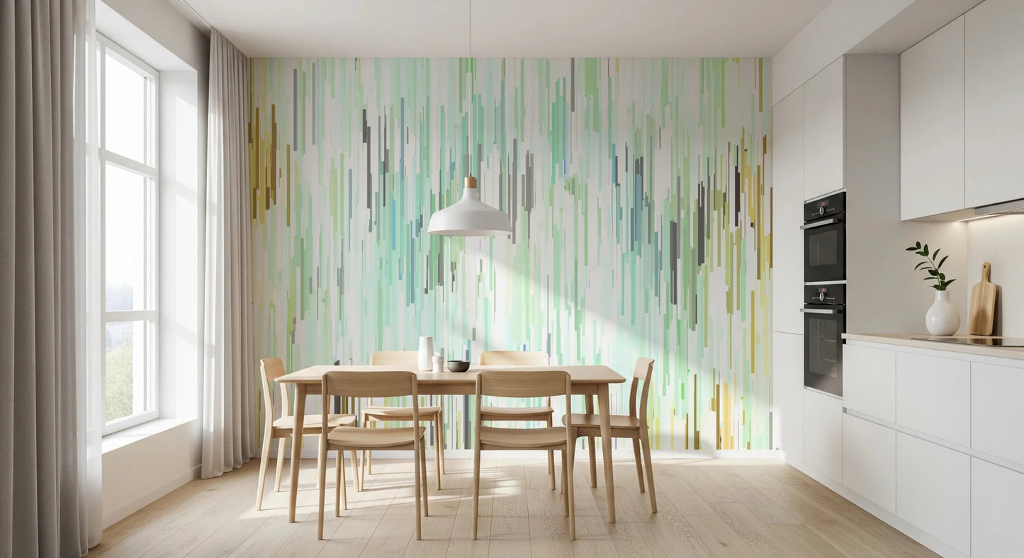 Dining area styled with Geometric Spring Fall wall mural in soft teal streaks