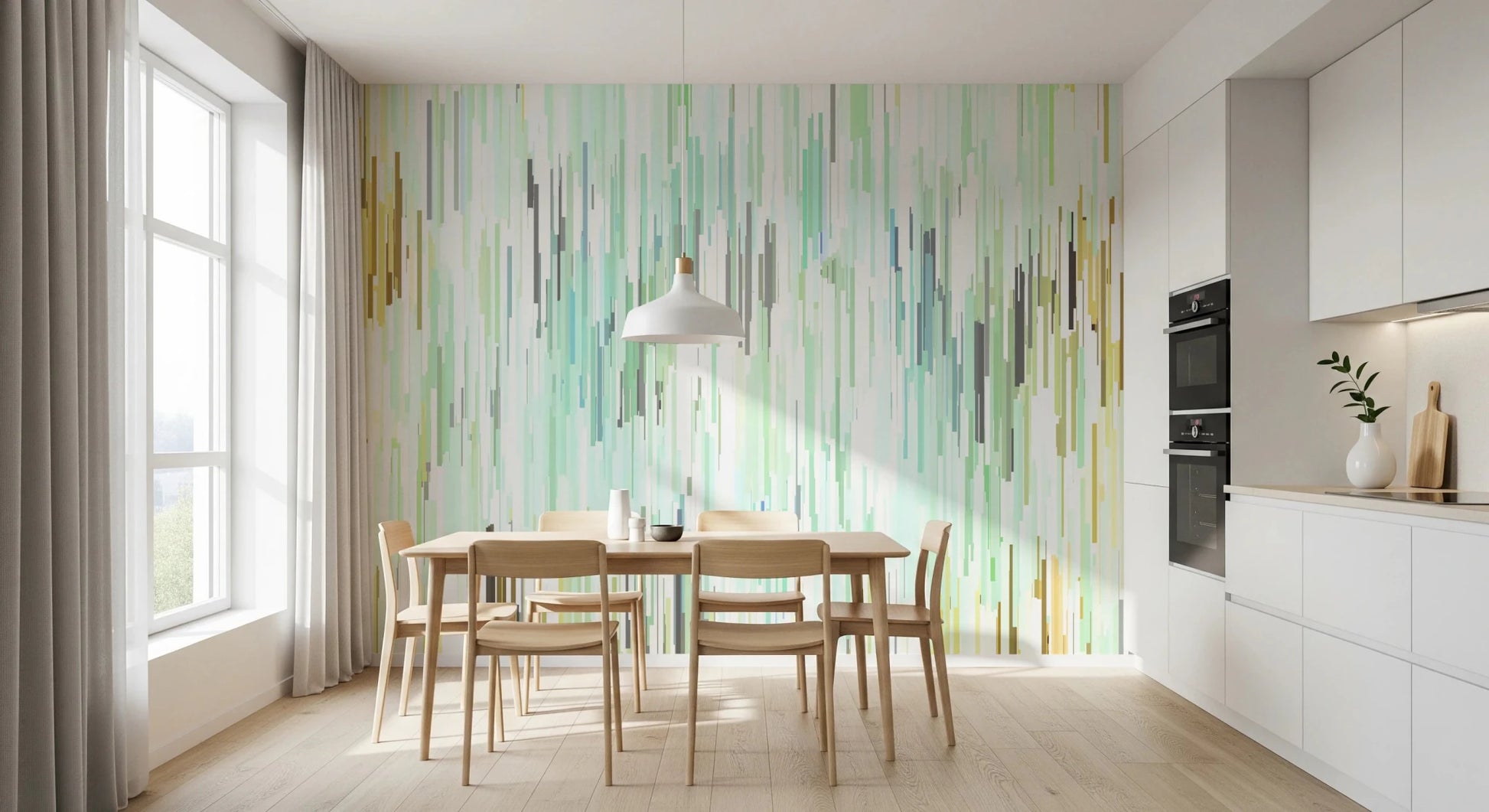 Dining area styled with Geometric Spring Fall wall mural in soft teal streaks