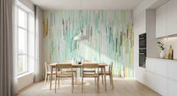 Dining area styled with Geometric Spring Fall wall mural in soft teal streaks